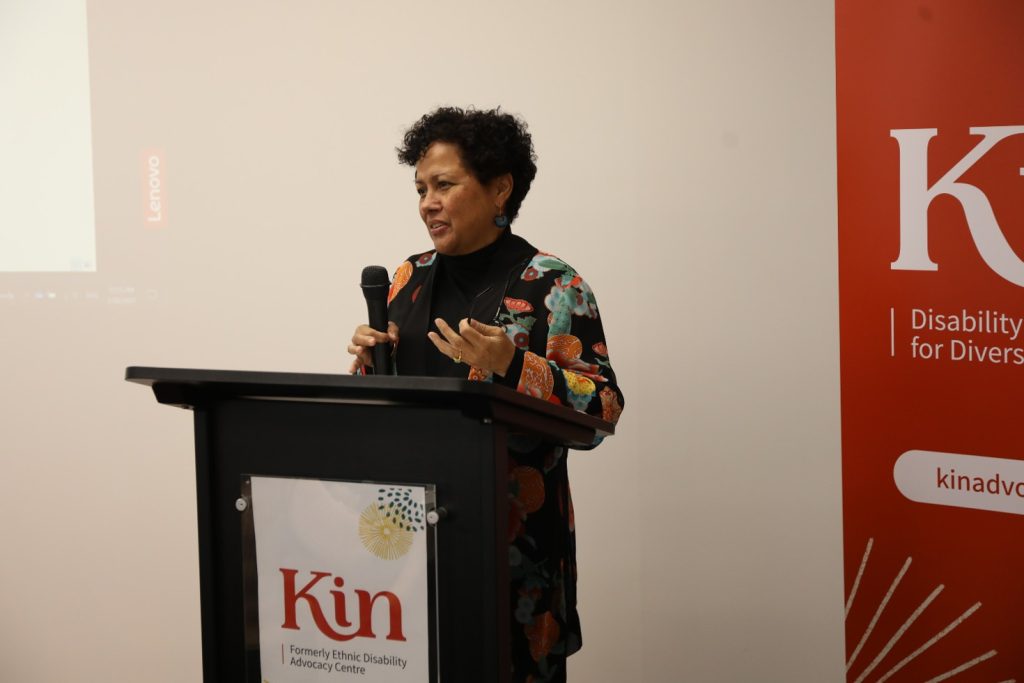 Photo of Wendy Rose speaking at a conference.