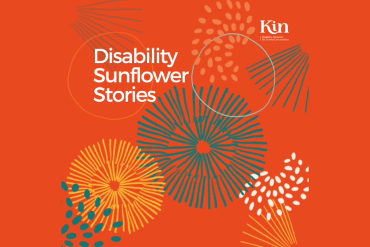 Orange image with green, white and yellow stripes and spots with text that reads Disability Sunflower Stories.