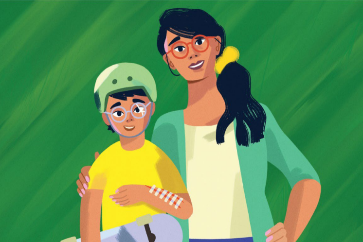 graphic of a mother and son, the son is wearing a helmet and has stitches on his arm, the mother has her arms around him. Both the mother and son are smiling.