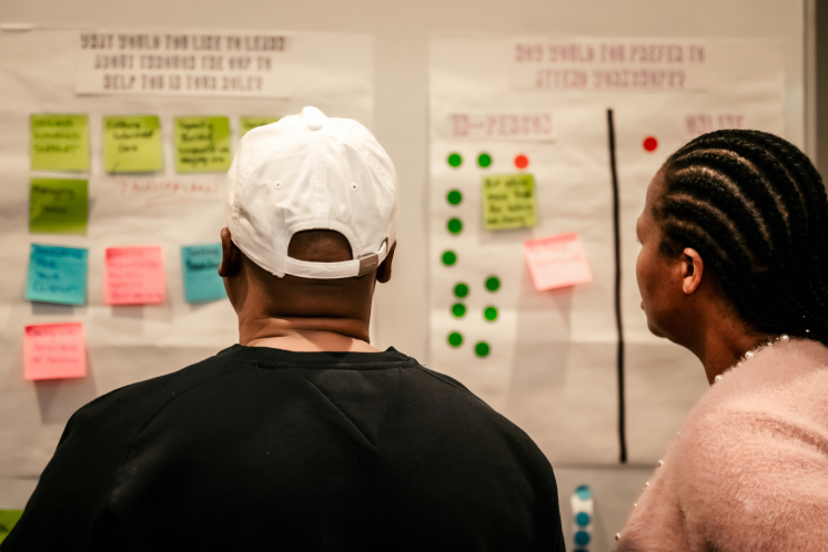 Two people looking at some posters with sticky notes on them,